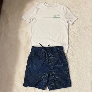 GAP White Tee with Green Logo & Navy Shark Print Swim Shorts